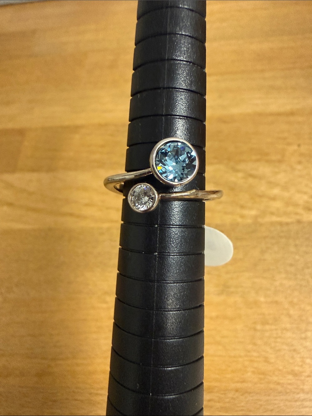 Blue and silver crystal open offset silver tone ring size 8